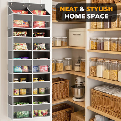 Extra Large Over The Door Organizer with 10 Large Pockets and 10 Mesh Side Pockets, 5 Layers Door Organizer Hanging with Clear Window for Bedroom, Bathroom, Pantry and Nursery, Gray