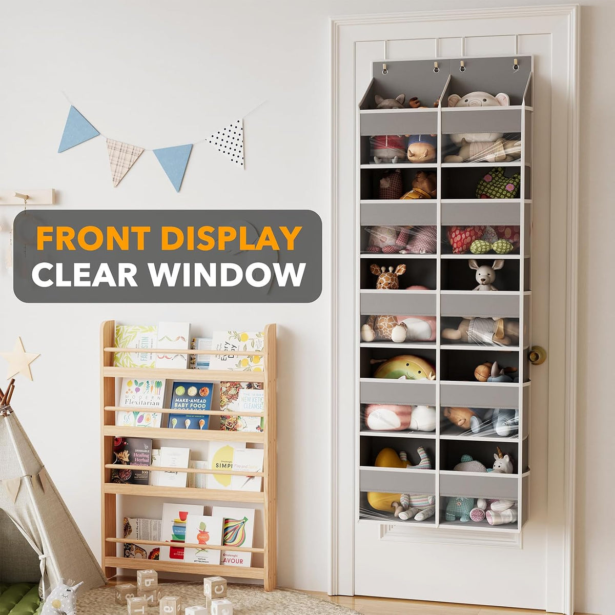 Extra Large Over The Door Organizer with 10 Large Pockets and 10 Mesh Side Pockets, 5 Layers Door Organizer Hanging with Clear Window for Bedroom, Bathroom, Pantry and Nursery, Gray