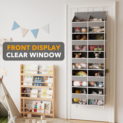 Extra Large Over The Door Organizer with 10 Large Pockets and 10 Mesh Side Pockets, 5 Layers Door Organizer Hanging with Clear Window for Bedroom, Bathroom, Pantry and Nursery, Gray
