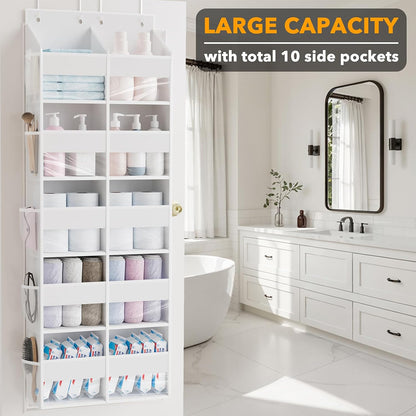 Extra Large Over The Door Organizer with 10 Large Pockets and 10 Mesh Side Pockets, 5 Layers Door Organizer Hanging with Clear Window for Bedroom, Bathroom, Pantry and Nursery, Gray