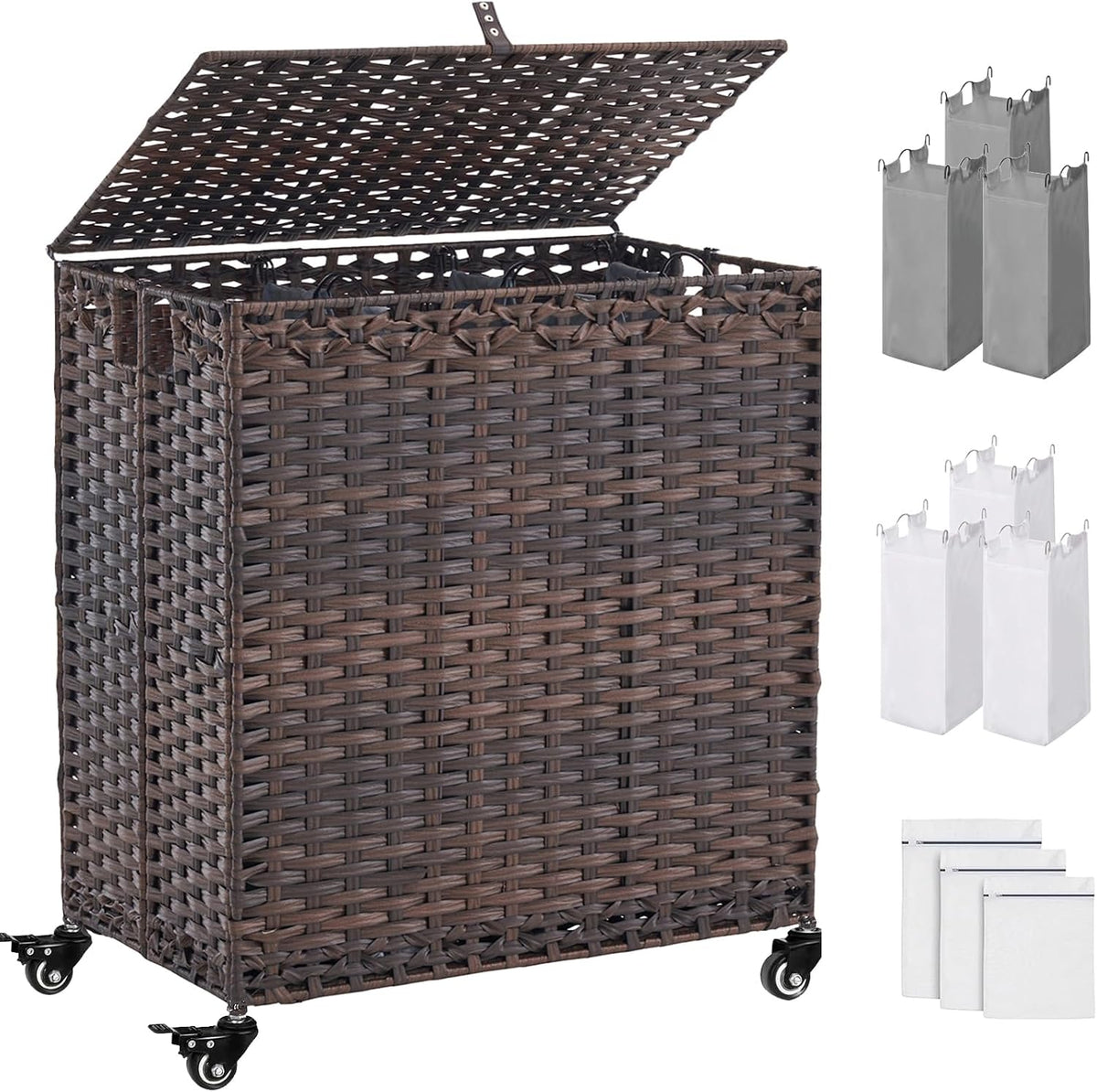 Laundry Hamper with Wheels&Lid, 50.2 Gallons(190L) Rolling Laundry Basket with Wheels, 3-Section Laundry Hamper, Handwoven Rattan Clothes Hamper with 6 Removable Liner& 3 Mesh Laundry Bags, Natural