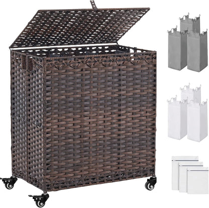 Laundry Hamper with Wheels&Lid, 50.2 Gallons(190L) Rolling Laundry Basket with Wheels, 3-Section Laundry Hamper, Handwoven Rattan Clothes Hamper with 6 Removable Liner& 3 Mesh Laundry Bags, Natural