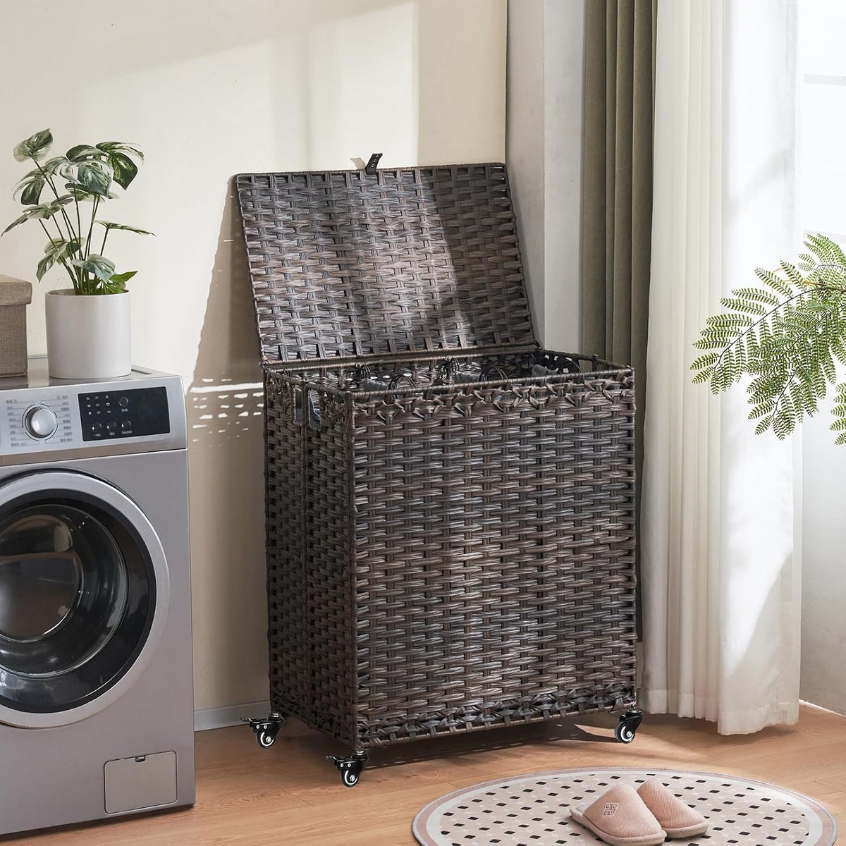 Laundry Hamper with Wheels&Lid, 50.2 Gallons(190L) Rolling Laundry Basket with Wheels, 3-Section Laundry Hamper, Handwoven Rattan Clothes Hamper with 6 Removable Liner& 3 Mesh Laundry Bags, Natural