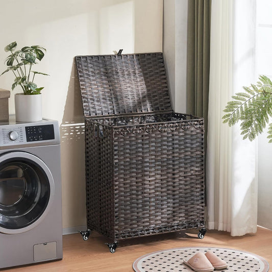 Laundry Hamper with Wheels&Lid, 50.2 Gallons(190L) Rolling Laundry Basket with Wheels, 3-Section Laundry Hamper, Handwoven Rattan Clothes Hamper with 6 Removable Liner& 3 Mesh Laundry Bags, Natural