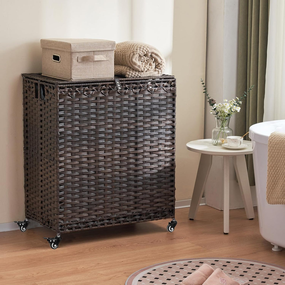 Laundry Hamper with Wheels&Lid, 50.2 Gallons(190L) Rolling Laundry Basket with Wheels, 3-Section Laundry Hamper, Handwoven Rattan Clothes Hamper with 6 Removable Liner& 3 Mesh Laundry Bags, Natural