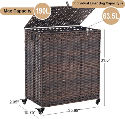 Laundry Hamper with Wheels&Lid, 50.2 Gallons(190L) Rolling Laundry Basket with Wheels, 3-Section Laundry Hamper, Handwoven Rattan Clothes Hamper with 6 Removable Liner& 3 Mesh Laundry Bags, Natural