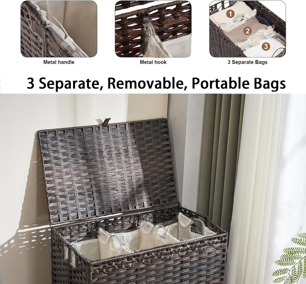 Laundry Hamper with Wheels&Lid, 50.2 Gallons(190L) Rolling Laundry Basket with Wheels, 3-Section Laundry Hamper, Handwoven Rattan Clothes Hamper with 6 Removable Liner& 3 Mesh Laundry Bags, Natural