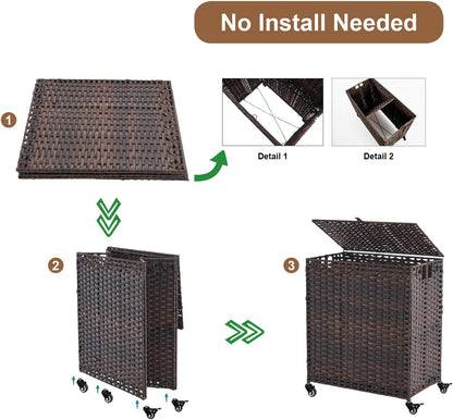 Laundry Hamper with Wheels&Lid, 50.2 Gallons(190L) Rolling Laundry Basket with Wheels, 3-Section Laundry Hamper, Handwoven Rattan Clothes Hamper with 6 Removable Liner& 3 Mesh Laundry Bags, Natural