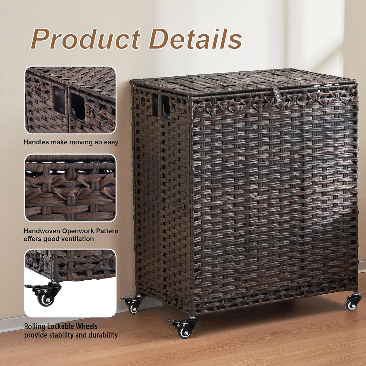 Laundry Hamper with Wheels&Lid, 50.2 Gallons(190L) Rolling Laundry Basket with Wheels, 3-Section Laundry Hamper, Handwoven Rattan Clothes Hamper with 6 Removable Liner& 3 Mesh Laundry Bags, Natural