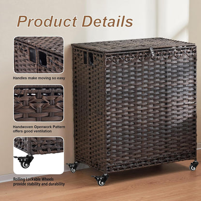 Laundry Hamper with Wheels&Lid, 50.2 Gallons(190L) Rolling Laundry Basket with Wheels, 3-Section Laundry Hamper, Handwoven Rattan Clothes Hamper with 6 Removable Liner& 3 Mesh Laundry Bags, Natural