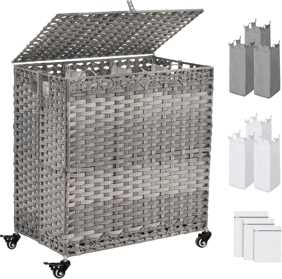 Laundry Hamper with Wheels&Lid, 50.2 Gallons(190L) Rolling Laundry Basket with Wheels, 3-Section Laundry Hamper, Handwoven Rattan Clothes Hamper with 6 Removable Liner& 3 Mesh Laundry Bags, Natural