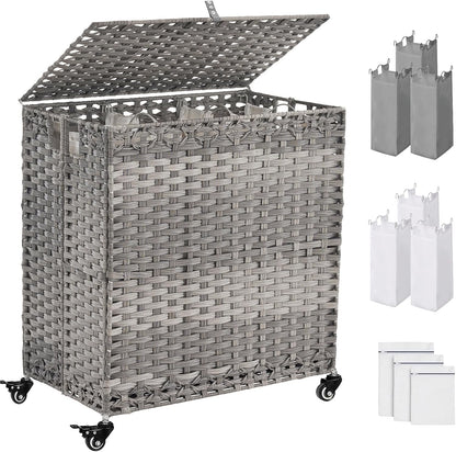 Laundry Hamper with Wheels&Lid, 50.2 Gallons(190L) Rolling Laundry Basket with Wheels, 3-Section Laundry Hamper, Handwoven Rattan Clothes Hamper with 6 Removable Liner& 3 Mesh Laundry Bags, Natural