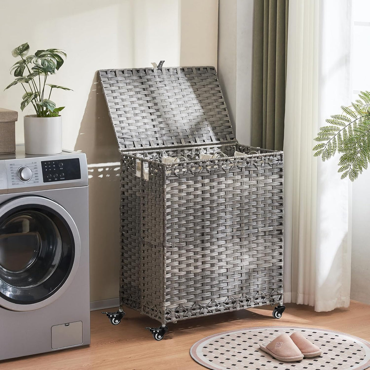 Laundry Hamper with Wheels&Lid, 50.2 Gallons(190L) Rolling Laundry Basket with Wheels, 3-Section Laundry Hamper, Handwoven Rattan Clothes Hamper with 6 Removable Liner& 3 Mesh Laundry Bags, Natural
