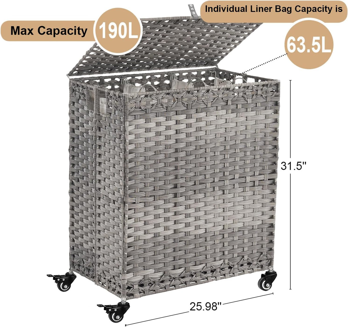 Laundry Hamper with Wheels&Lid, 50.2 Gallons(190L) Rolling Laundry Basket with Wheels, 3-Section Laundry Hamper, Handwoven Rattan Clothes Hamper with 6 Removable Liner& 3 Mesh Laundry Bags, Natural