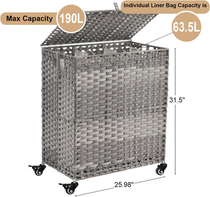 Laundry Hamper with Wheels&Lid, 50.2 Gallons(190L) Rolling Laundry Basket with Wheels, 3-Section Laundry Hamper, Handwoven Rattan Clothes Hamper with 6 Removable Liner& 3 Mesh Laundry Bags, Natural