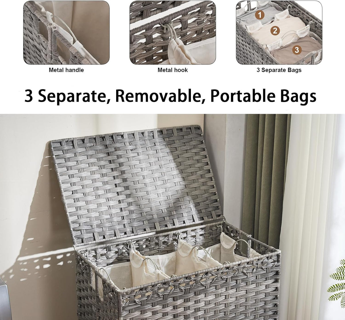 Laundry Hamper with Wheels&Lid, 50.2 Gallons(190L) Rolling Laundry Basket with Wheels, 3-Section Laundry Hamper, Handwoven Rattan Clothes Hamper with 6 Removable Liner& 3 Mesh Laundry Bags, Natural