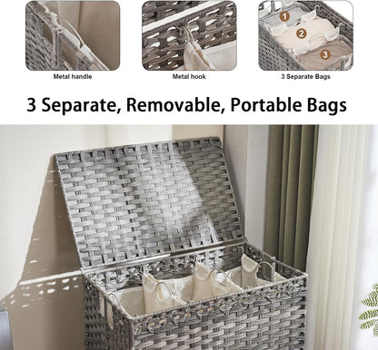 Laundry Hamper with Wheels&Lid, 50.2 Gallons(190L) Rolling Laundry Basket with Wheels, 3-Section Laundry Hamper, Handwoven Rattan Clothes Hamper with 6 Removable Liner& 3 Mesh Laundry Bags, Natural