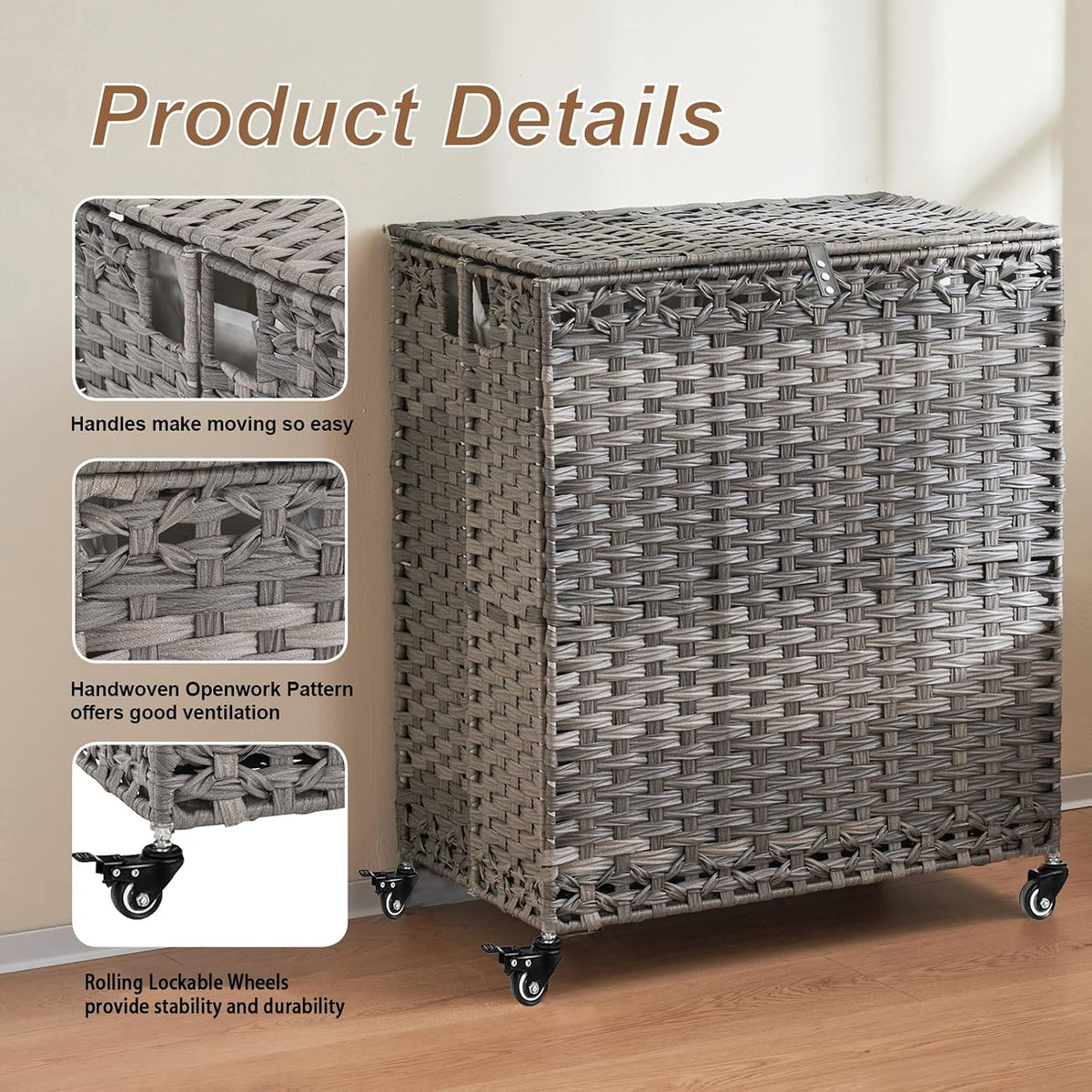 Laundry Hamper with Wheels&Lid, 50.2 Gallons(190L) Rolling Laundry Basket with Wheels, 3-Section Laundry Hamper, Handwoven Rattan Clothes Hamper with 6 Removable Liner& 3 Mesh Laundry Bags, Natural