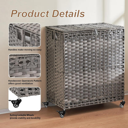 Laundry Hamper with Wheels&Lid, 50.2 Gallons(190L) Rolling Laundry Basket with Wheels, 3-Section Laundry Hamper, Handwoven Rattan Clothes Hamper with 6 Removable Liner& 3 Mesh Laundry Bags, Natural