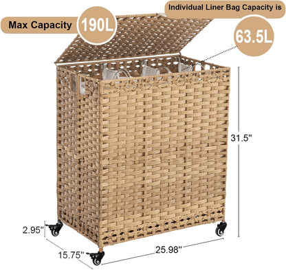 Laundry Hamper with Wheels&Lid, 50.2 Gallons(190L) Rolling Laundry Basket with Wheels, 3-Section Laundry Hamper, Handwoven Rattan Clothes Hamper with 6 Removable Liner& 3 Mesh Laundry Bags, Natural