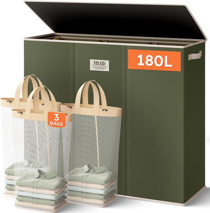 Laundry Hamper 3 section with lid and 3 Pcs Bag, Large Hamper 3 compartment 180L, Laundry Basket Laundry sorter Clothes hamper for Laundryroom Bedroom Blanket Storage Organizer