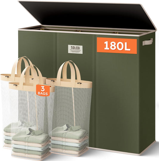 Laundry Hamper 3 section with lid and 3 Pcs Bag, Large Hamper 3 compartment 180L, Laundry Basket Laundry sorter Clothes hamper for Laundryroom Bedroom Blanket Storage Organizer