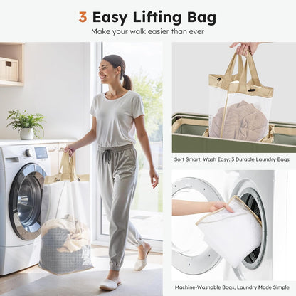 Laundry Hamper 3 section with lid and 3 Pcs Bag, Large Hamper 3 compartment 180L, Laundry Basket Laundry sorter Clothes hamper for Laundryroom Bedroom Blanket Storage Organizer