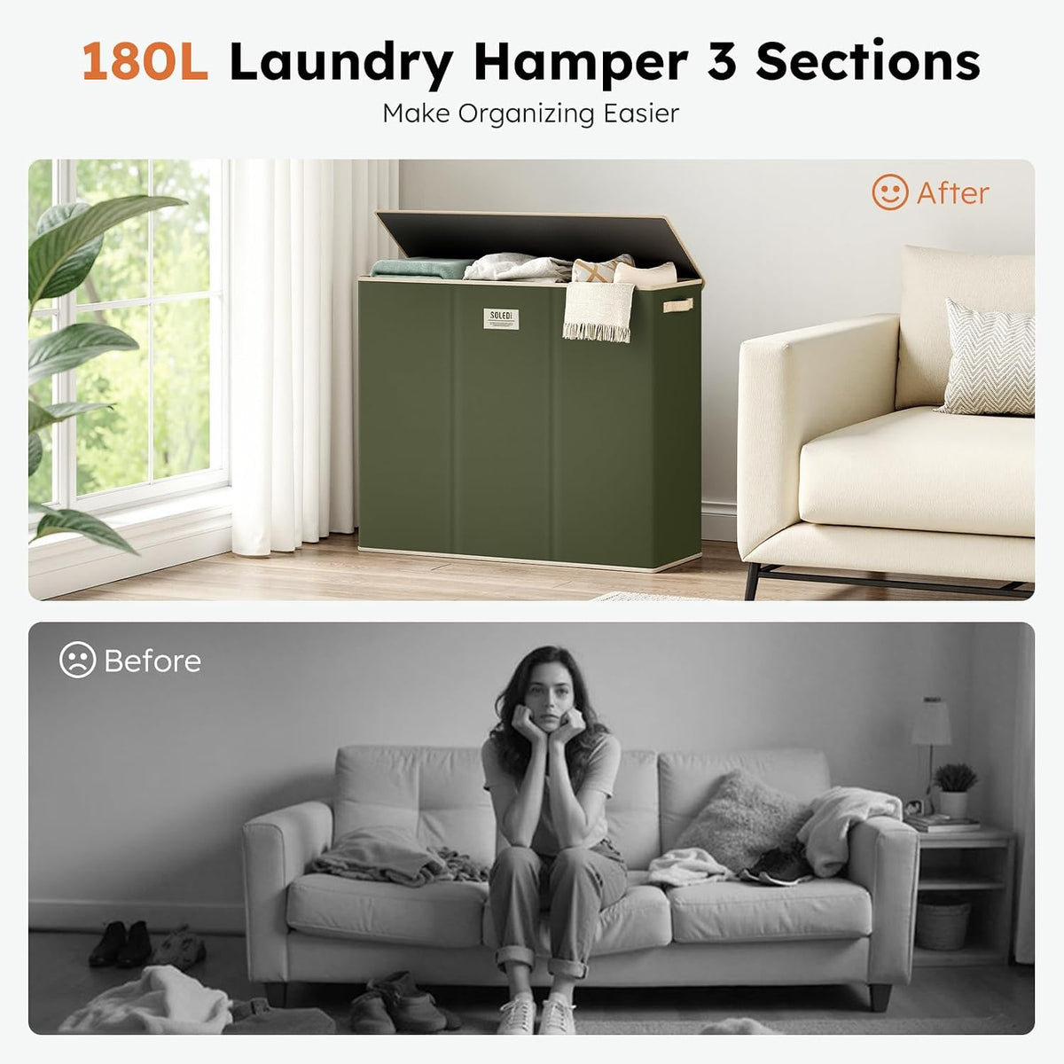 Laundry Hamper 3 section with lid and 3 Pcs Bag, Large Hamper 3 compartment 180L, Laundry Basket Laundry sorter Clothes hamper for Laundryroom Bedroom Blanket Storage Organizer