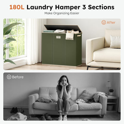 Laundry Hamper 3 section with lid and 3 Pcs Bag, Large Hamper 3 compartment 180L, Laundry Basket Laundry sorter Clothes hamper for Laundryroom Bedroom Blanket Storage Organizer