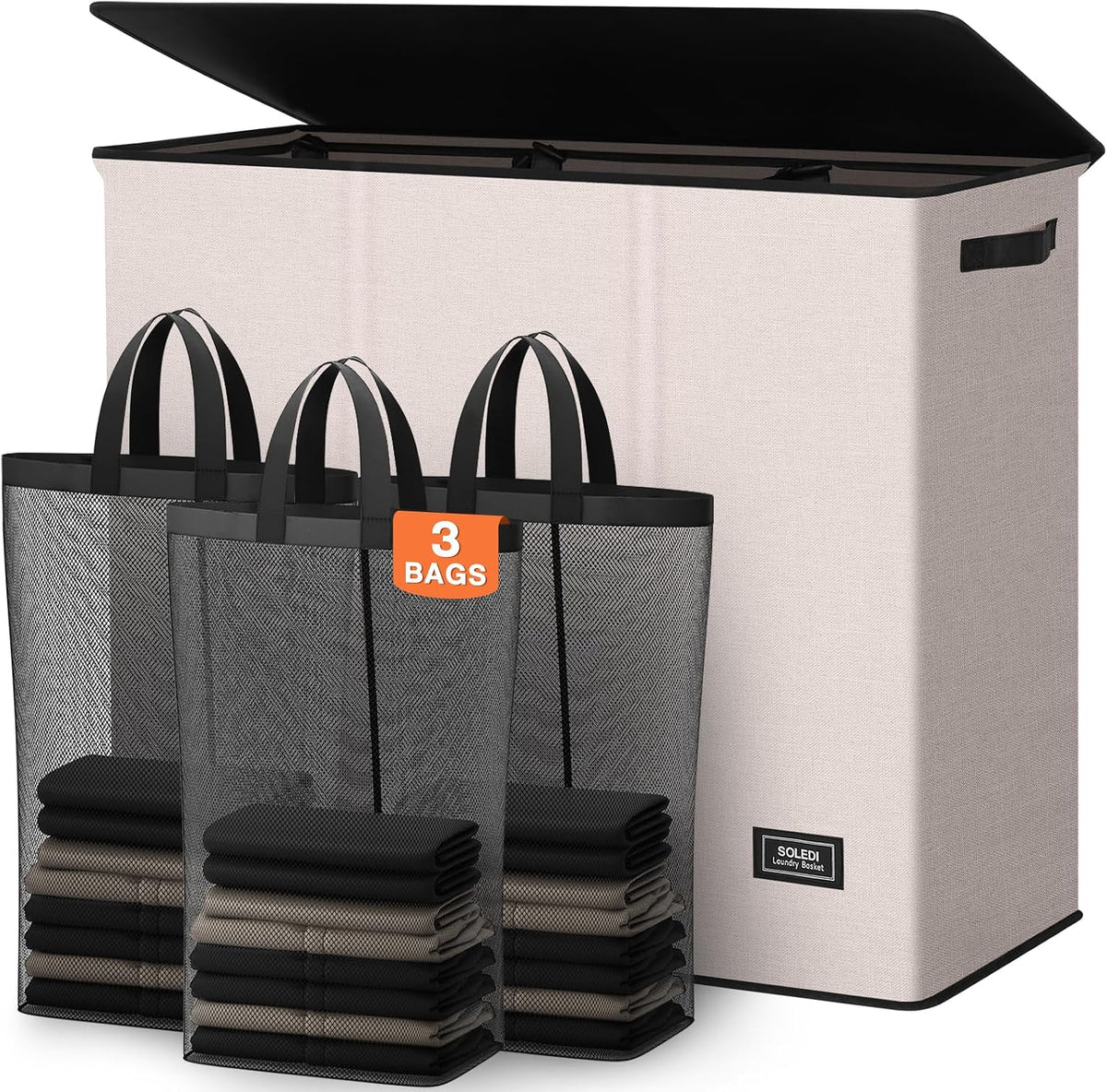 Laundry Hamper 3 section with lid and 3 Pcs Bag, Large Hamper 3 compartment 180L, Laundry Basket Laundry sorter Clothes hamper for Laundryroom Bedroom Blanket Storage Organizer