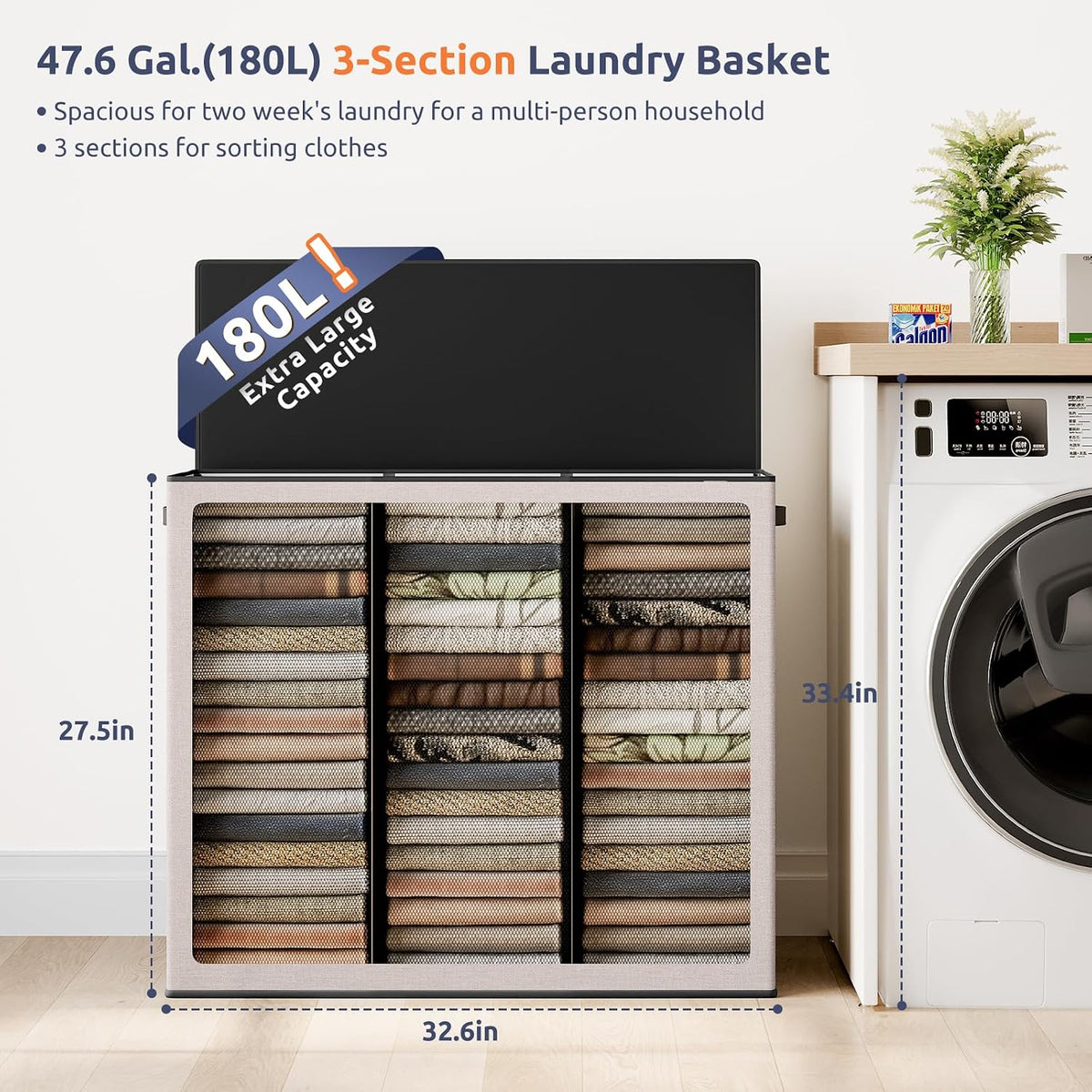 Laundry Hamper 3 section with lid and 3 Pcs Bag, Large Hamper 3 compartment 180L, Laundry Basket Laundry sorter Clothes hamper for Laundryroom Bedroom Blanket Storage Organizer