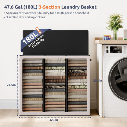 Laundry Hamper 3 section with lid and 3 Pcs Bag, Large Hamper 3 compartment 180L, Laundry Basket Laundry sorter Clothes hamper for Laundryroom Bedroom Blanket Storage Organizer