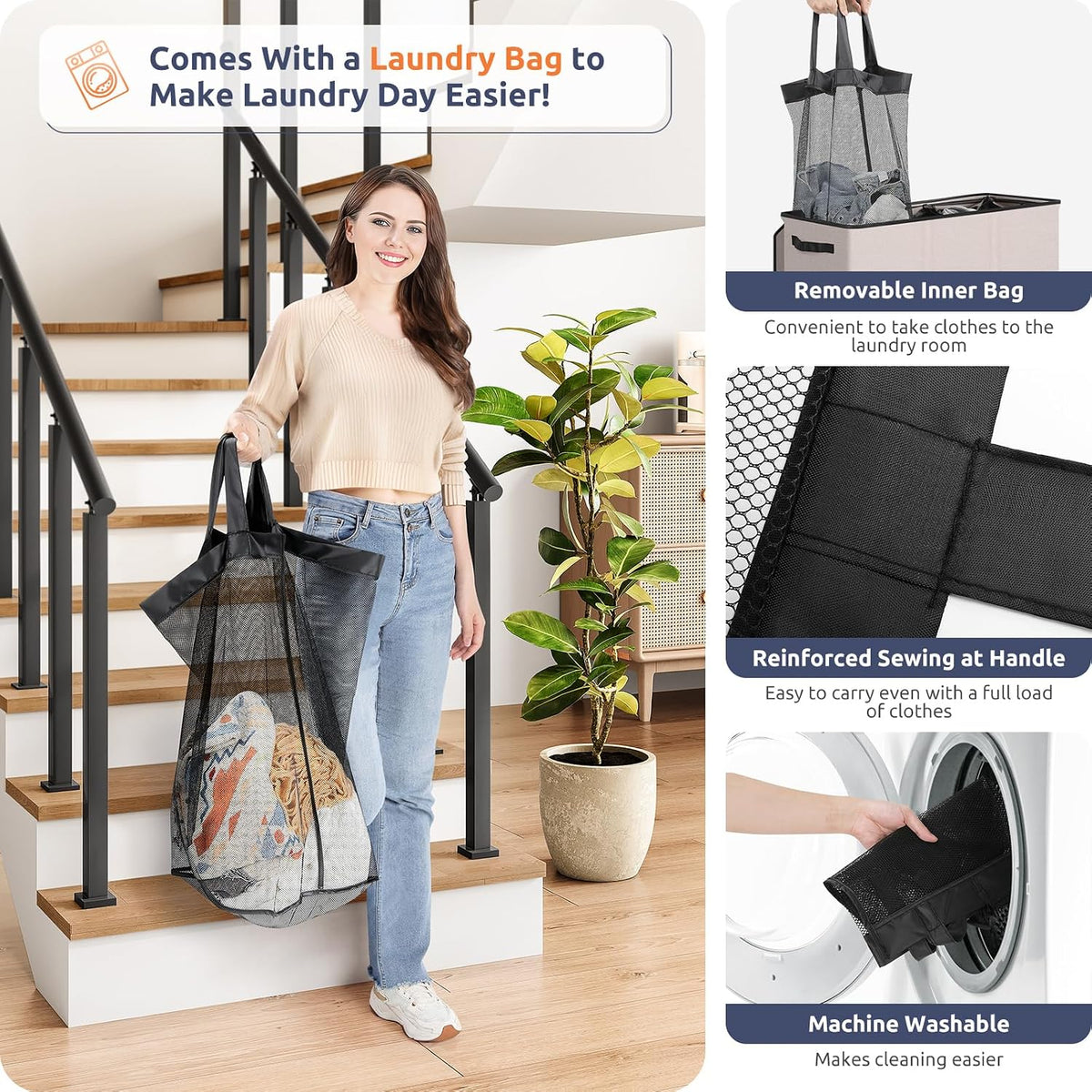 Laundry Hamper 3 section with lid and 3 Pcs Bag, Large Hamper 3 compartment 180L, Laundry Basket Laundry sorter Clothes hamper for Laundryroom Bedroom Blanket Storage Organizer