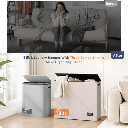 Laundry Hamper 3 section with lid and 3 Pcs Bag, Large Hamper 3 compartment 180L, Laundry Basket Laundry sorter Clothes hamper for Laundryroom Bedroom Blanket Storage Organizer