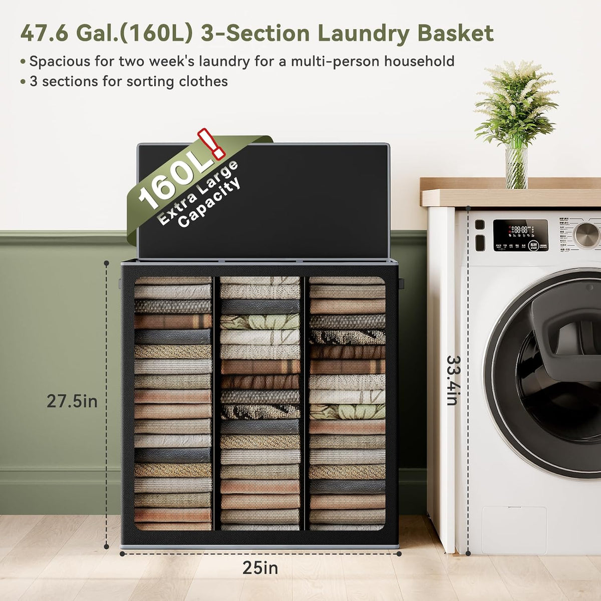 Laundry Hamper 3 section with lid and 3 Pcs Bag, Large Hamper 3 compartment 180L, Laundry Basket Laundry sorter Clothes hamper for Laundryroom Bedroom Blanket Storage Organizer