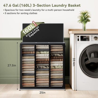 Laundry Hamper 3 section with lid and 3 Pcs Bag, Large Hamper 3 compartment 180L, Laundry Basket Laundry sorter Clothes hamper for Laundryroom Bedroom Blanket Storage Organizer