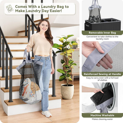 Laundry Hamper 3 section with lid and 3 Pcs Bag, Large Hamper 3 compartment 180L, Laundry Basket Laundry sorter Clothes hamper for Laundryroom Bedroom Blanket Storage Organizer