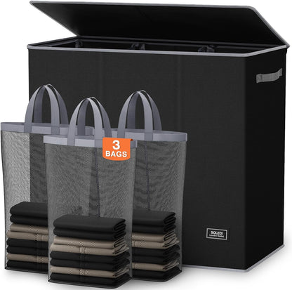 Laundry Hamper 3 section with lid and 3 Pcs Bag, Large Hamper 3 compartment 180L, Laundry Basket Laundry sorter Clothes hamper for Laundryroom Bedroom Blanket Storage Organizer