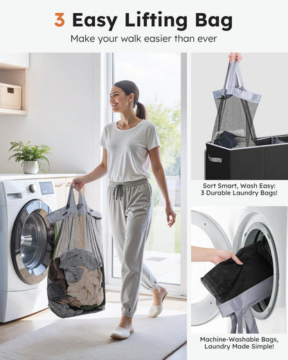 Laundry Hamper 3 section with lid and 3 Pcs Bag, Large Hamper 3 compartment 180L, Laundry Basket Laundry sorter Clothes hamper for Laundryroom Bedroom Blanket Storage Organizer