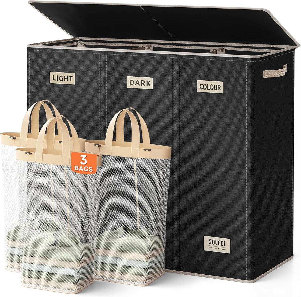 Laundry Hamper 3 section with lid and 3 Pcs Bag, Large Hamper 3 compartment 180L, Laundry Basket Laundry sorter Clothes hamper for Laundryroom Bedroom Blanket Storage Organizer