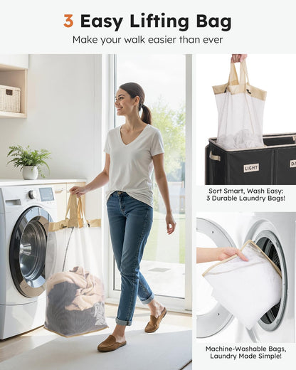 Laundry Hamper 3 section with lid and 3 Pcs Bag, Large Hamper 3 compartment 180L, Laundry Basket Laundry sorter Clothes hamper for Laundryroom Bedroom Blanket Storage Organizer