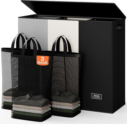 Laundry Hamper 3 section with lid and 3 Pcs Bag, Large Hamper 3 compartment 180L, Laundry Basket Laundry sorter Clothes hamper for Laundryroom Bedroom Blanket Storage Organizer