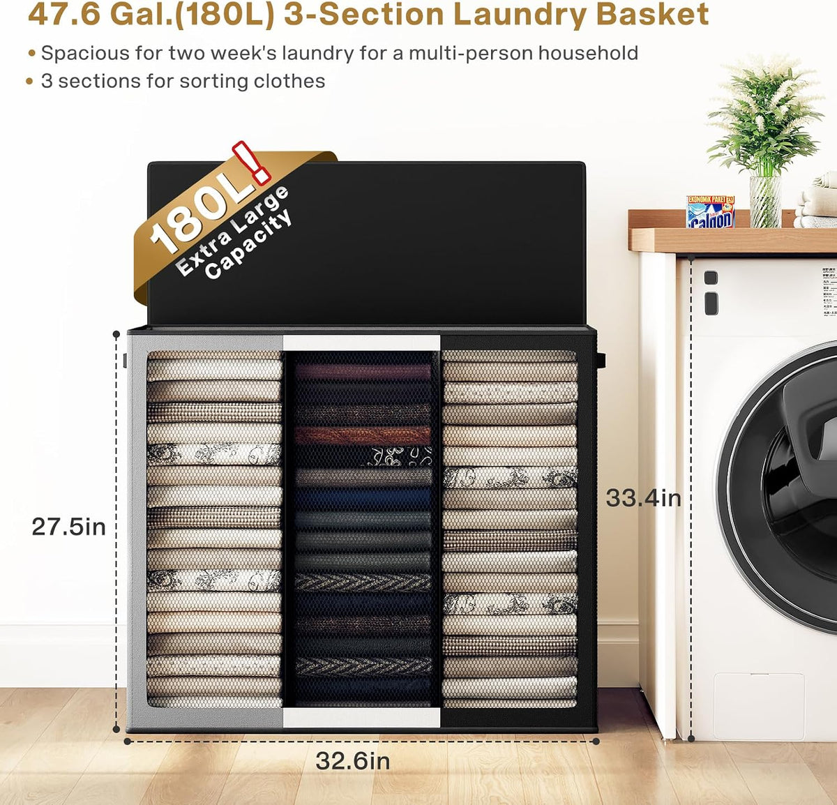 Laundry Hamper 3 section with lid and 3 Pcs Bag, Large Hamper 3 compartment 180L, Laundry Basket Laundry sorter Clothes hamper for Laundryroom Bedroom Blanket Storage Organizer