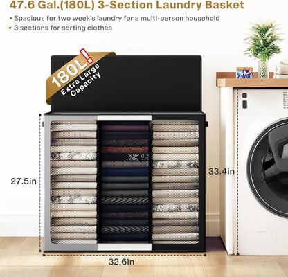 Laundry Hamper 3 section with lid and 3 Pcs Bag, Large Hamper 3 compartment 180L, Laundry Basket Laundry sorter Clothes hamper for Laundryroom Bedroom Blanket Storage Organizer