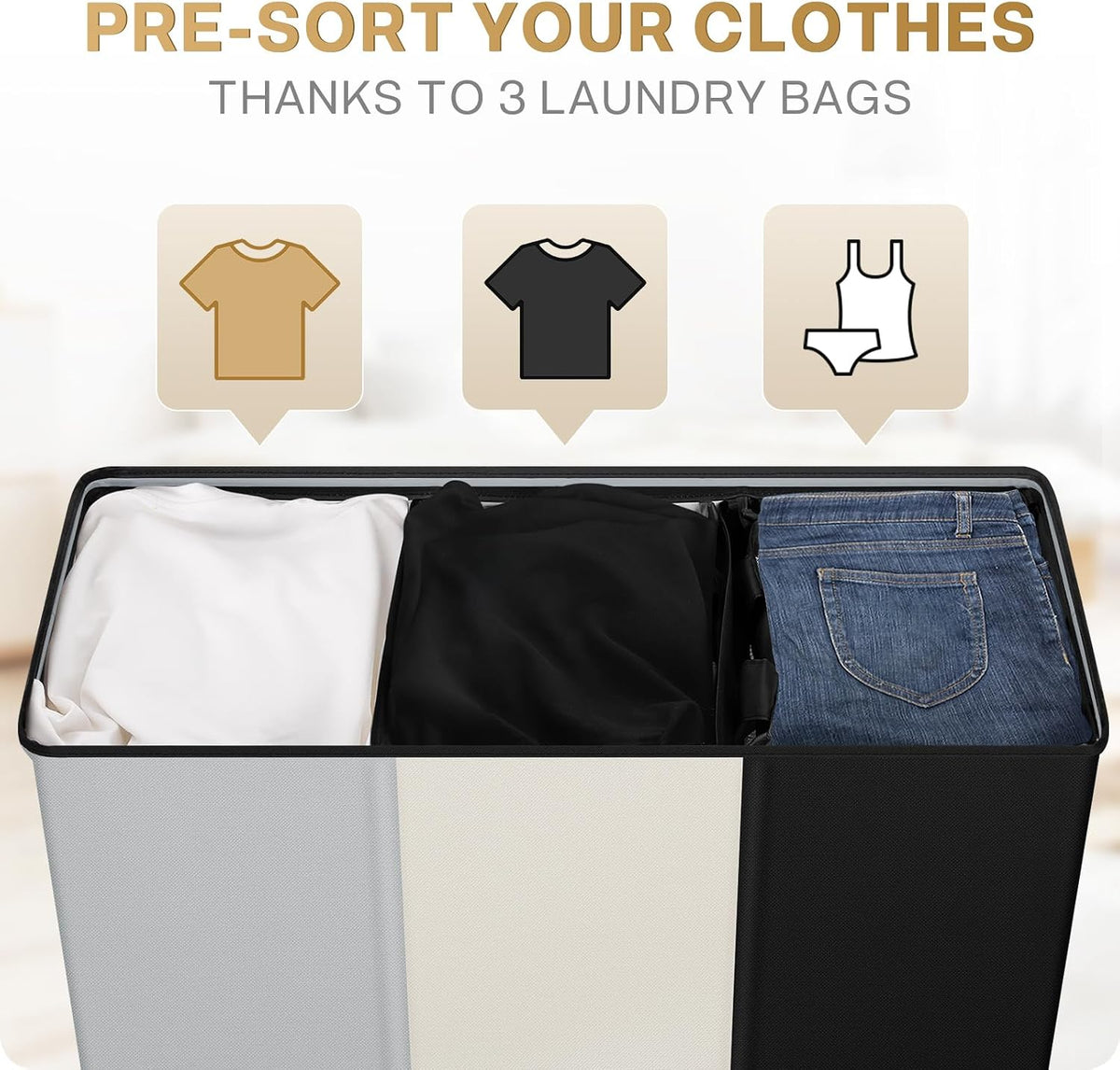 Laundry Hamper 3 section with lid and 3 Pcs Bag, Large Hamper 3 compartment 180L, Laundry Basket Laundry sorter Clothes hamper for Laundryroom Bedroom Blanket Storage Organizer