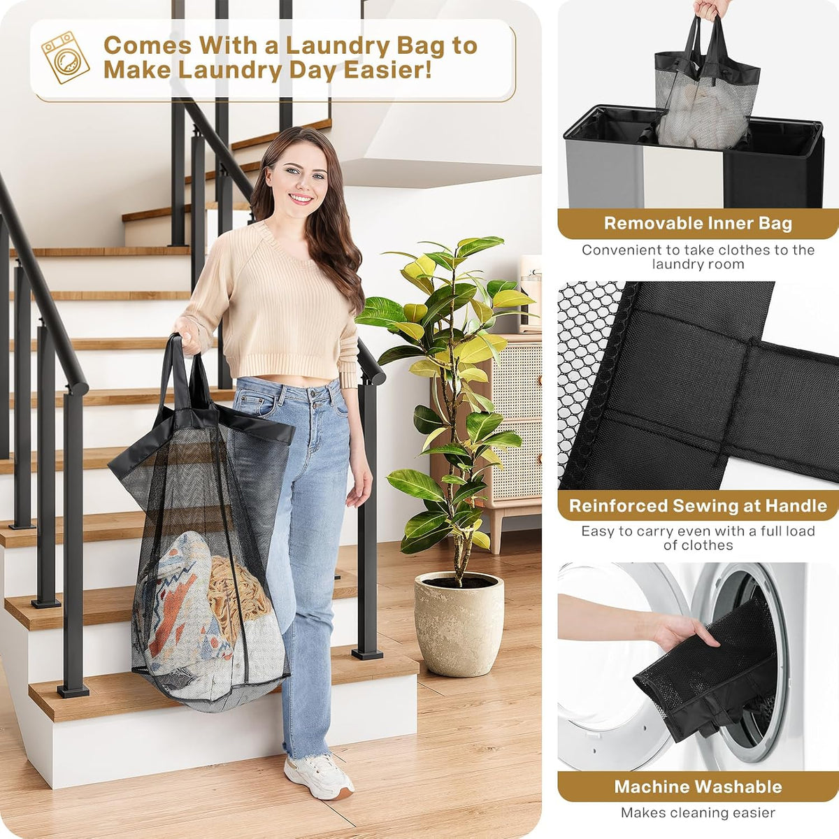 Laundry Hamper 3 section with lid and 3 Pcs Bag, Large Hamper 3 compartment 180L, Laundry Basket Laundry sorter Clothes hamper for Laundryroom Bedroom Blanket Storage Organizer