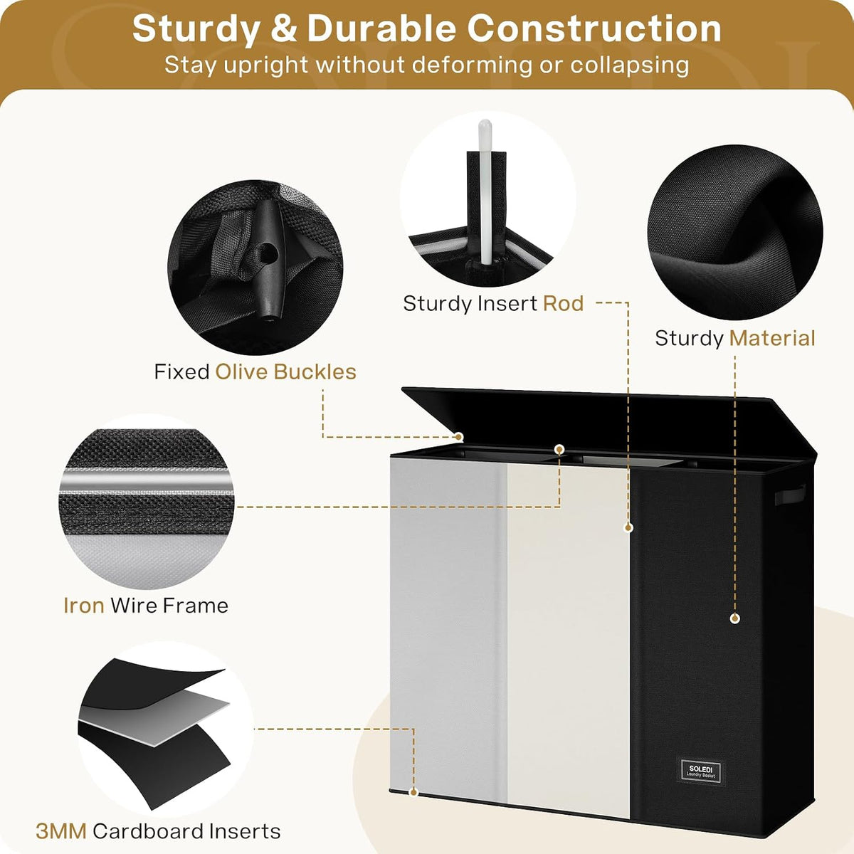 Laundry Hamper 3 section with lid and 3 Pcs Bag, Large Hamper 3 compartment 180L, Laundry Basket Laundry sorter Clothes hamper for Laundryroom Bedroom Blanket Storage Organizer