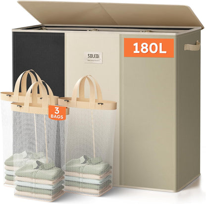 Laundry Hamper 3 section with lid and 3 Pcs Bag, Large Hamper 3 compartment 180L, Laundry Basket Laundry sorter Clothes hamper for Laundryroom Bedroom Blanket Storage Organizer