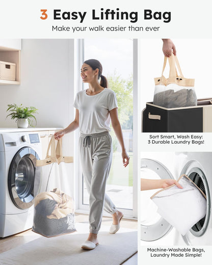 Laundry Hamper 3 section with lid and 3 Pcs Bag, Large Hamper 3 compartment 180L, Laundry Basket Laundry sorter Clothes hamper for Laundryroom Bedroom Blanket Storage Organizer