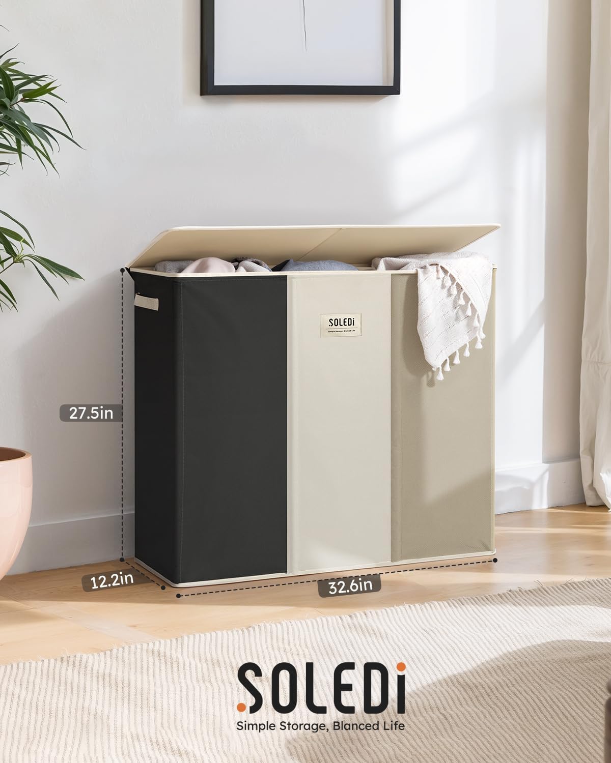 Laundry Hamper 3 section with lid and 3 Pcs Bag, Large Hamper 3 compartment 180L, Laundry Basket Laundry sorter Clothes hamper for Laundryroom Bedroom Blanket Storage Organizer